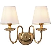 Aiwen 2-Light Bedroom Wall Lamps Polished Solid Brass Finish Wall Lights with White Flax Fabric Shade Vintage Reading Lights 
