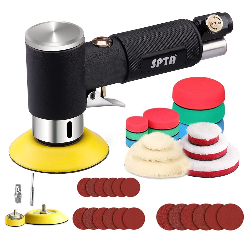SPTA Air Sander Polisher, 25mm/50mm/80mm Random Orbit Sander Polisher Sets with Polishing Pads & Buffing Pads for Car Detailing Polishing