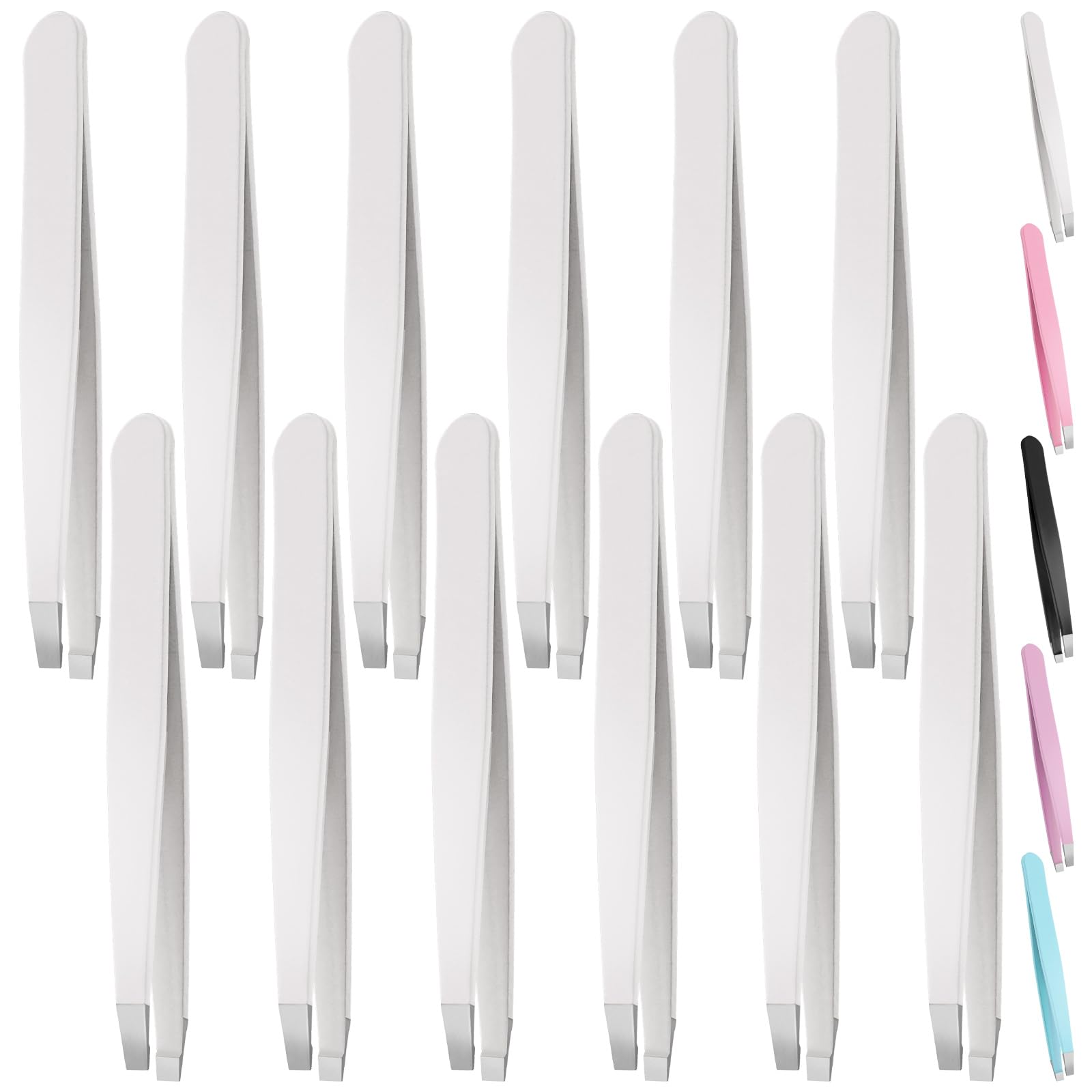 Swpeet 12Pcs 3.79 Inches White Stainless Steel Slant Tip Precision Tweezers Kit, Professional Eyebrow, Facial & Hair Remover