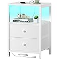 BOLUO White Nightstand with Charging Station, LED Night Stand with 2 Fabric Drawers, Bedside Table with USB Ports and Outlets, Nightstand for Bedroom Modern