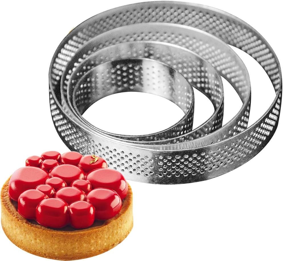 Circular Stainless Steel Porous Tart Ring Bottom Tower Pie Cake Mould Baking Tools Heat-Resistant Perforated Cake Mousse Ring (Round Tart Ring Suit)