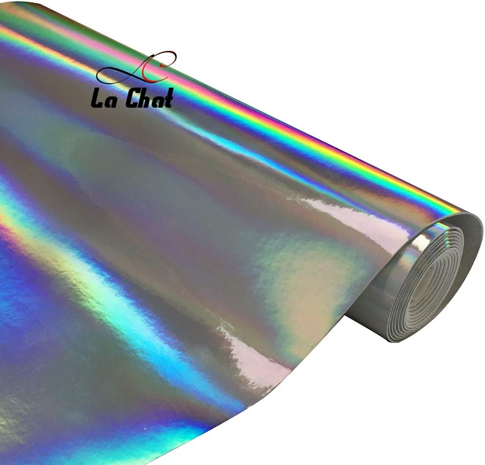 La Chat 8” x 53” (21cm x 135cm) Roll Colorful Hologram Mirrored Vinyl Fabric Metallic Holographic Faux PU Leather Bows for Shoes Bag Sewing Patchwork DIY Bow Craft Applique(Silver)