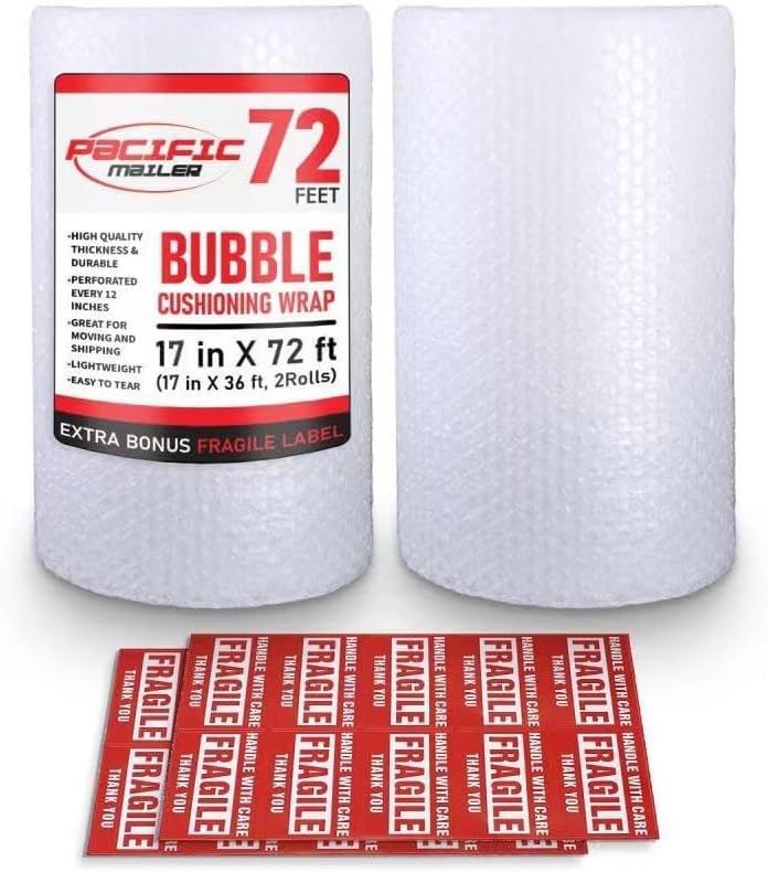 Photo 1 of **ONLY ONE **
Bubble Cushioning Wrap Pacific Mailer 5/16 Inch x 17 Inch x 72Feet Total [2 Rolls of 36 Feet] Bubble Cushioning Wrap for Packing Moving Supplies Perforated Every 12"
