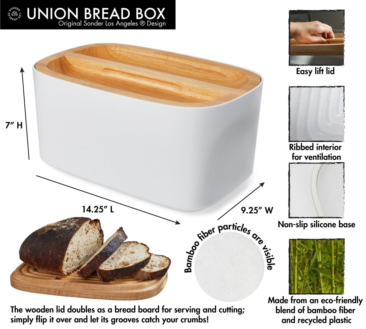 Sonder Los Angeles, Modern Bamboo Fiber and Recycled Plastic Bread Box (White) for Kitchen Countertop with Reversible Cutting Board Lid, Homemade Bread Bin Storage Container 14.25 x 9.25 x 7 in