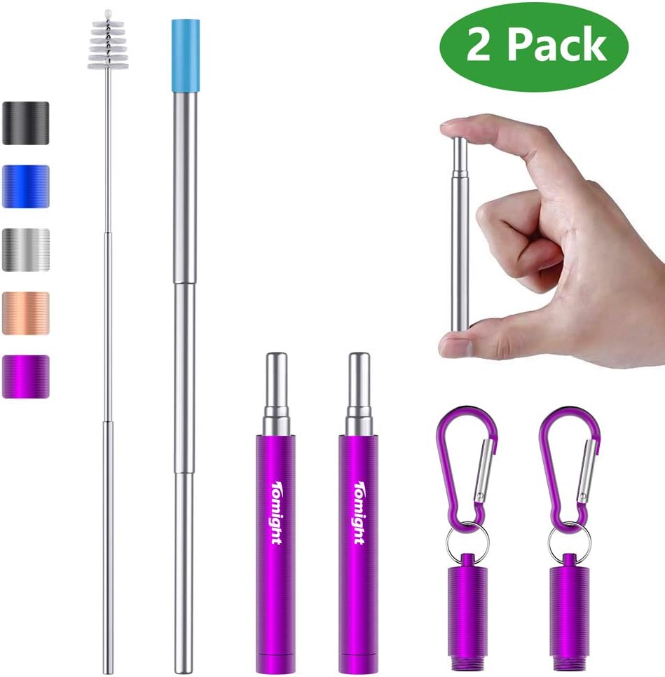 Tomight 2 Pack Telescopic Reusable Straws, Portable Stainless Steel Metal Straws with Case Cleaning Brush Carabiner Silicone Tips Keychain, Perfect for Travel, Home,Office