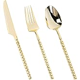 QualQuot 150PCS Gold Plastic Silverware, Heavy Duty utensils, Disposable Plastic Cutlery Silverware Include 50 Forks, 50 Knives, 50 Spoons for Party and Wedding, Gold Bead