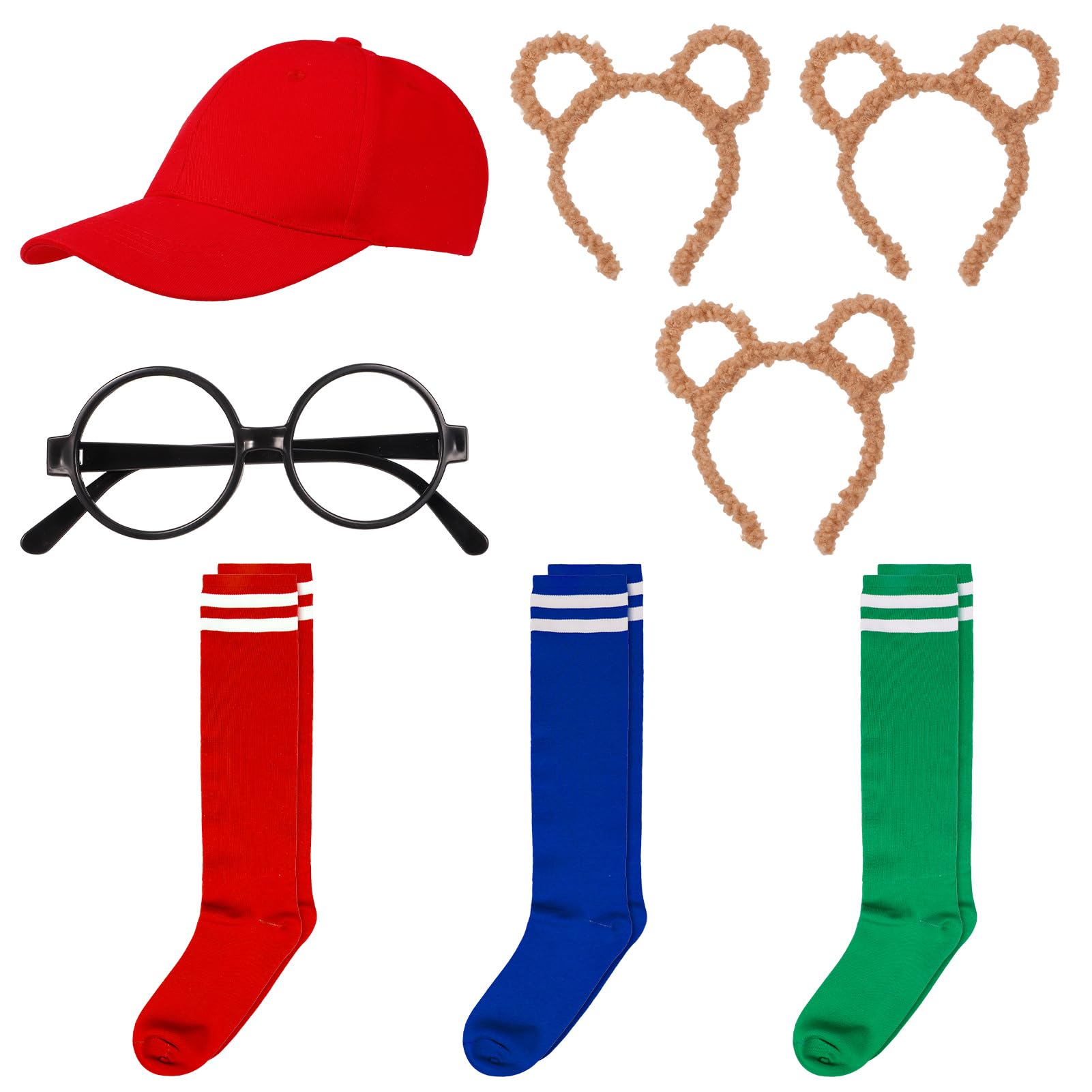 Heyu-Lotus 8 Pcs Chipmunk Costume Accessory Set: 3 Ears Headbands,3 Knee-High Socks,Glasses,Red Baseball Hat-Unisex Adults,Red,Animal, Halloween,Cosplay,Masquerade,Stage Performance