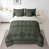 Western 7 Piece Bedding Set Twin Size Southwestern Native Comforter Set with Sheets,Pillowcases & Cushion Cover for Boys Girls Wild West Cowboy Bed in a Bag Soft Tribal Bohemian Deep Green Black