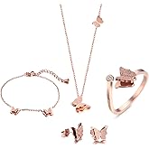 VNOX Butterfly Matte Finish Rose Gold Plated Stainless Steel Bracelet Ring Necklace and Stud Earrings Jewelry Set for Women Teen