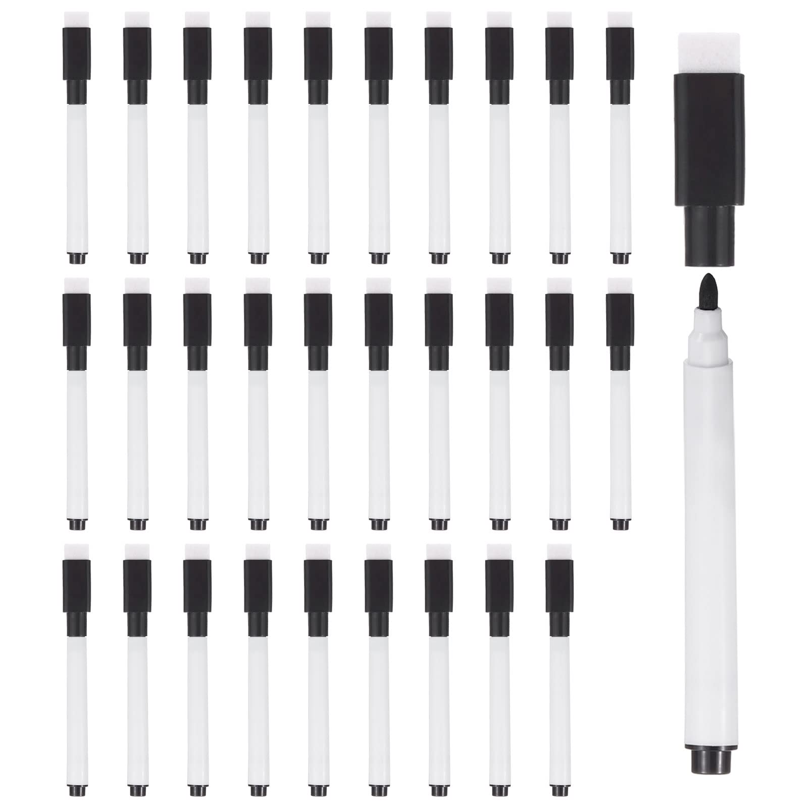 PATIKIL Dry Erase Marker Pens, 30 Pack Black Ink Fine Point Low Odor Whiteboard with Eraser Cap for Office Home Classroom, White Pen Rod