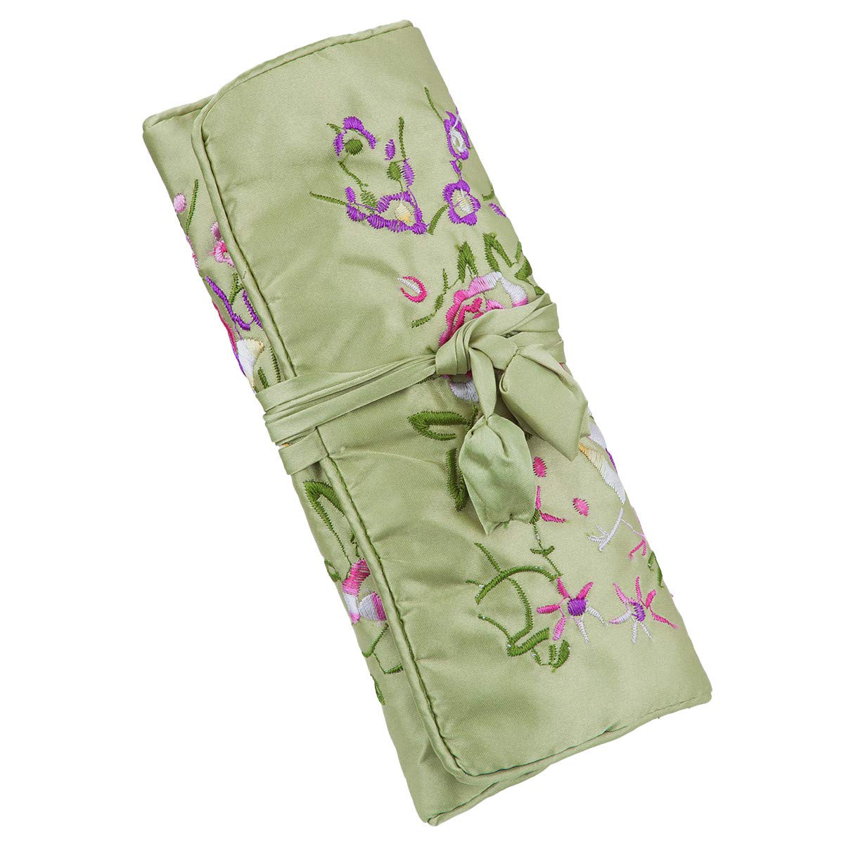 Mookaitedcor Garden Design Embroidered Jewellery Roll with Beautiful Flowers, Bag Organiser for Earrings, Necklaces, Bracelets, Watch light green