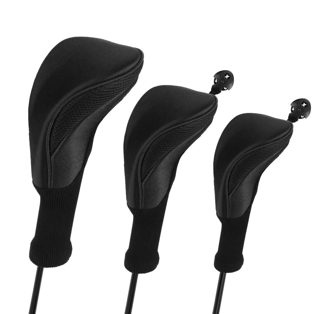 Photo 1 of Number-one Golf Club Head Covers for Fairway Woods Driver Hybrids, 3Pcs Long Neck Mesh Golf Club Headcovers Set with Interchangeable No. Tags 3 4 5 6 7 X (Black)