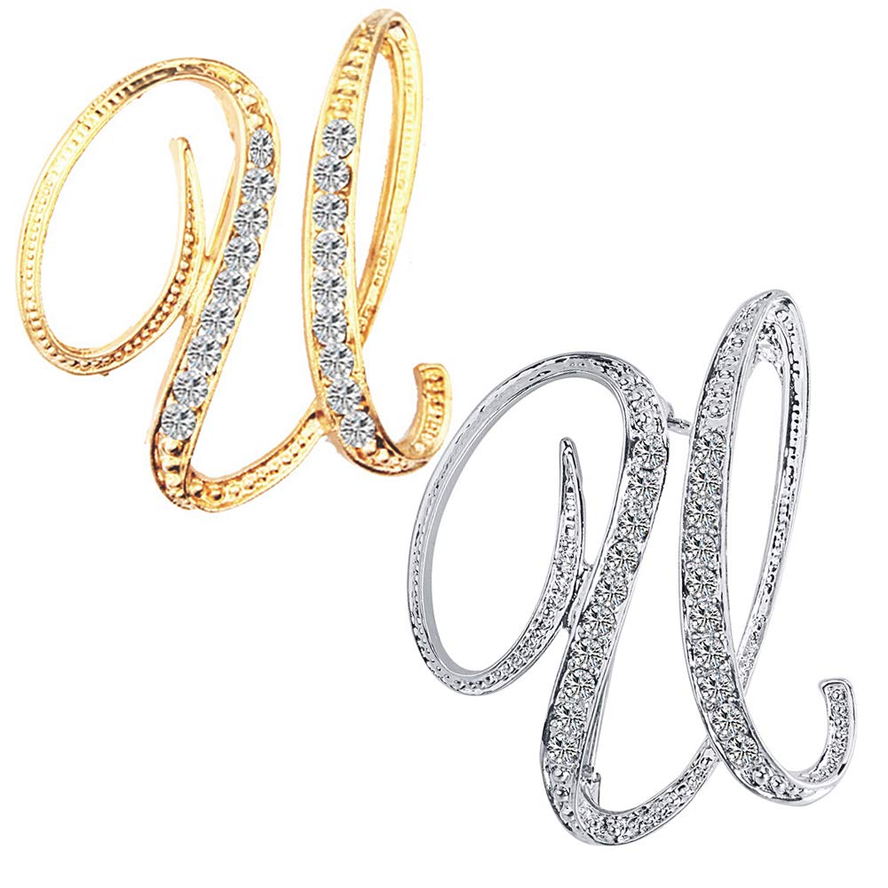 ETHOON 2 Pcs Letter Brooch Pins Initial Rhinestone Brooch for Women Corsage Crafts Gold Silver U