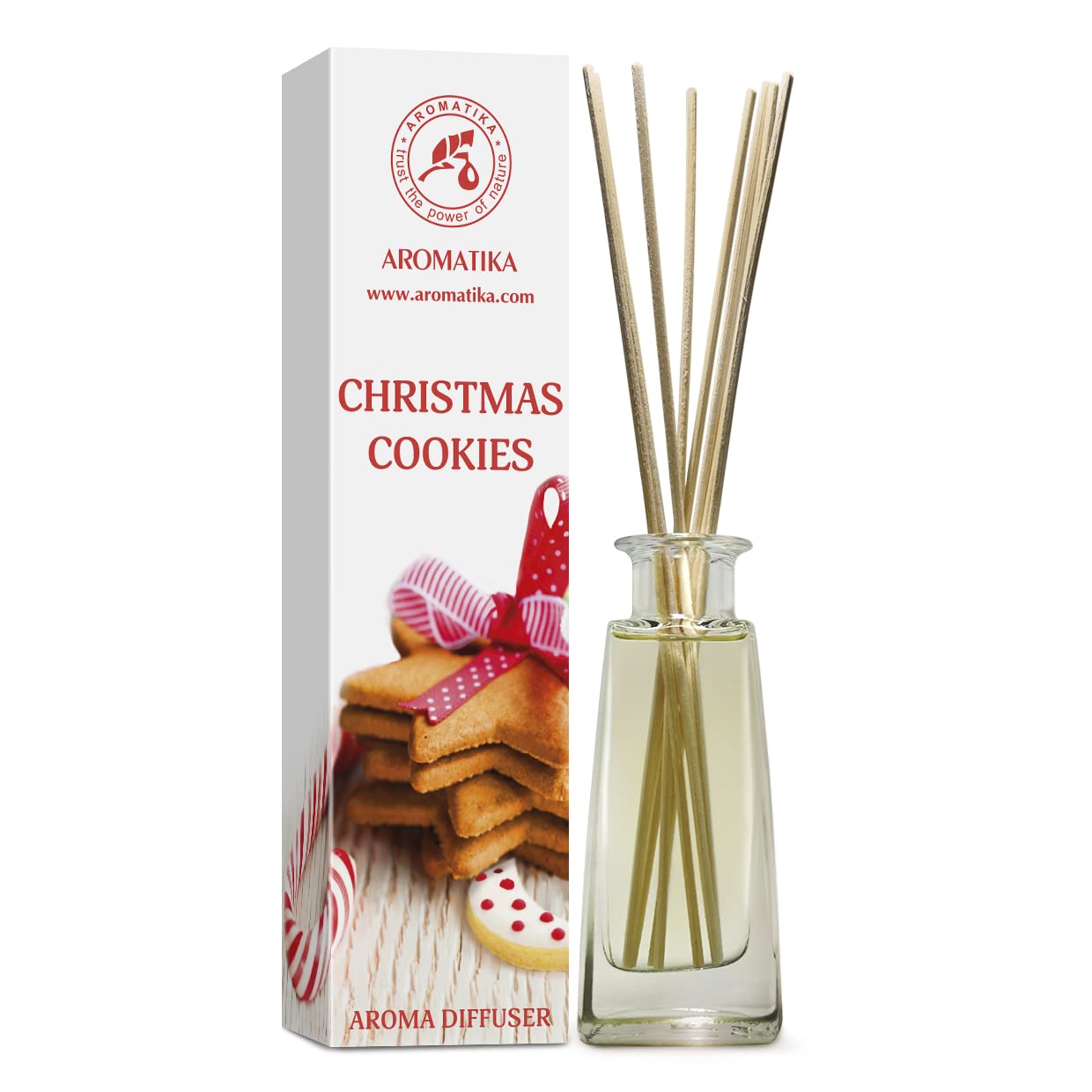 AROMATIKA Reed Diffuser Christmas Cookies 100ml – Sweet Christmas Cookies Room Fragrance, Scented Diffuser with Rattan Sticks, Long Lasting Fragrance & Air Freshener, Warm Holiday Aromatherapy Scent