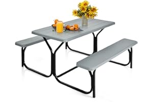 MEDIMALL Picnic Table, Portable Picnic Tables with Benches, Plastics Picnic Table Bench Set with Metal Frame & All Weather Tabletop, Large Camping Picnic Table for Outdoors, Backyard, Garden (Gray)