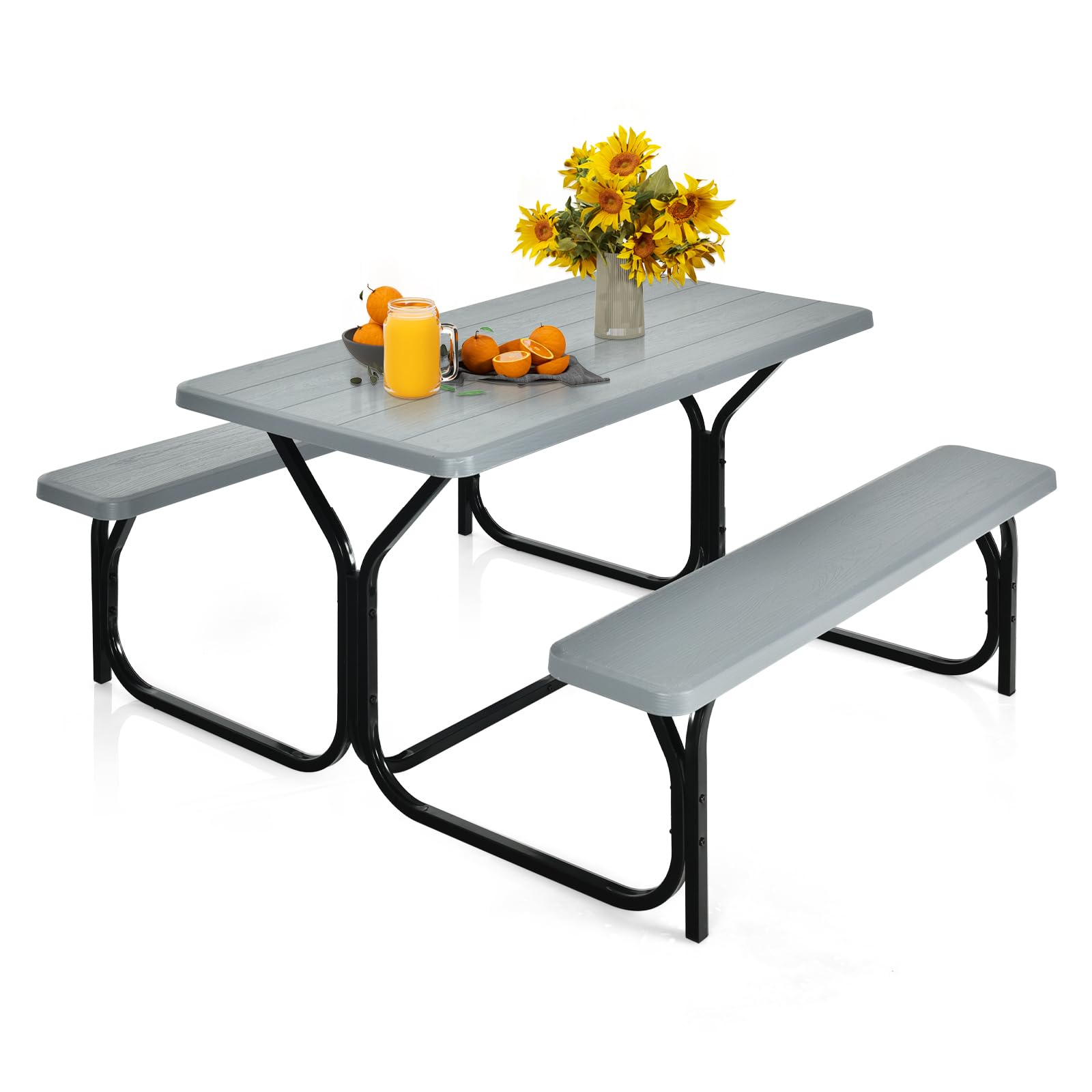 Photo 1 of MEDIMALL Portable Picnic Table With Benches, Plastic Bench Set With Metal Frame & All Weather Tabletop, Large Camping Table for Outdoors, Backyard, Garden (Gray)