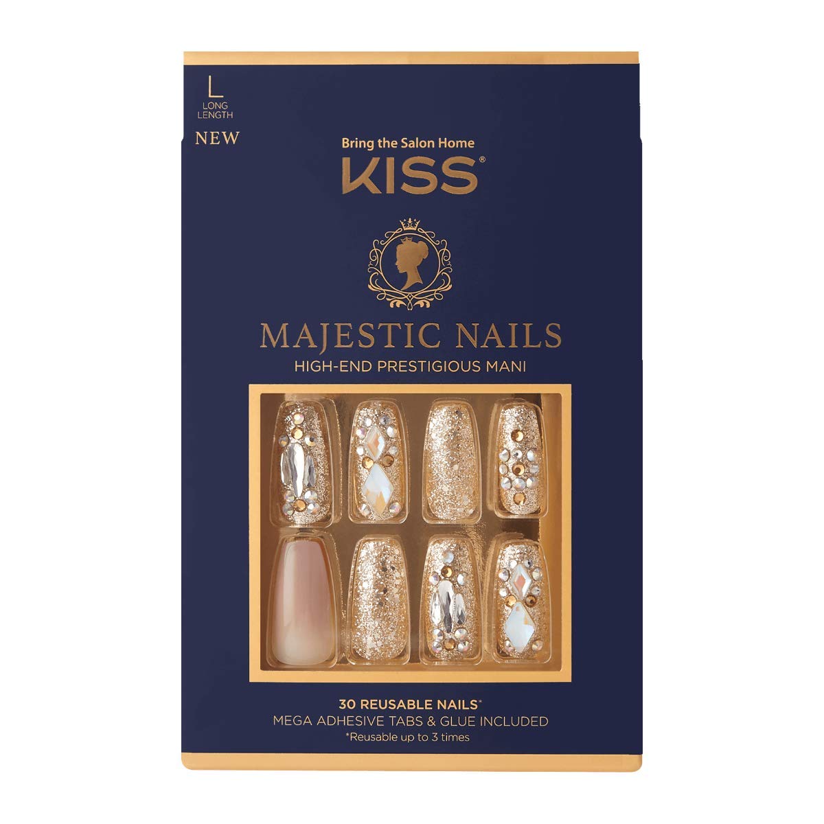 KISS Majestic Fake Nails, ‘My Crown’, High-End Gel Nails, 30 Reusable Long Length Coffin Shaped Glue-On & Press-On Jeweled Accent Glue On Nails