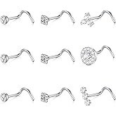 Mayhoop 20G Nose Rings Studs 316L Surgical Stainless Steel L Shape Bone Diamond Heart Corkscrew Nose Ring Nostril Piercing Jewelry For Women Men