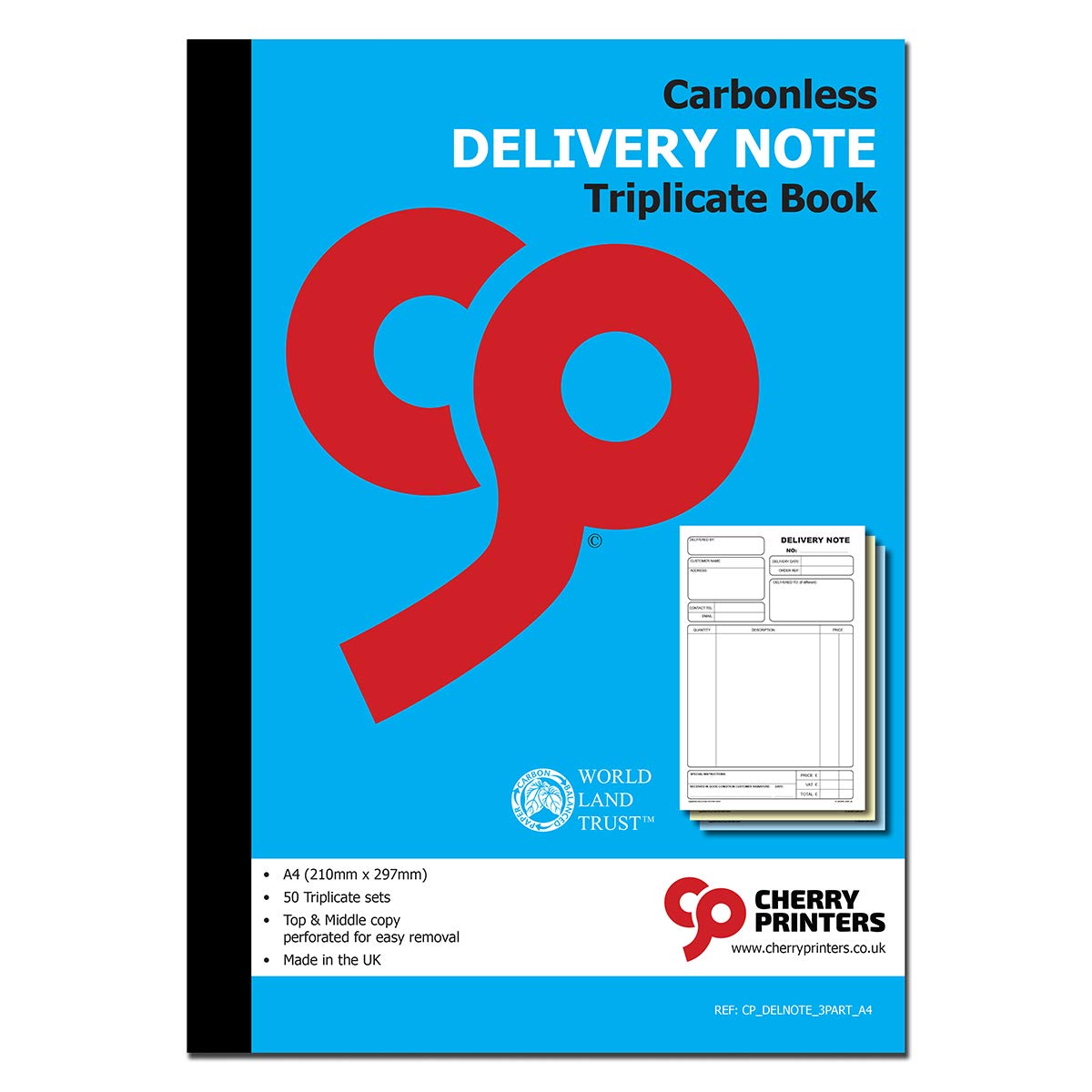 Cherry Carbonless Delivery Note Triplicate Book A4 | 3 Part | 50 Sets | Proof of Delivery Log | Order Dispatch & Goods Receipt Pad | Perforated Top & Middle Copy | No Carbon Required