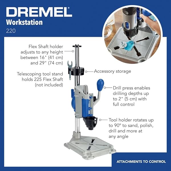DREMEL DRILL PRESS ROTARY TOOL WORKSTATION STAND WITH WRENCH – MINI PORTABLE PRESS & TOOL HOLDER – 2 INCH DEPTH- IDEAL FOR DRILLING PERPENDICULAR AND ANGLED HOLES – 220-01