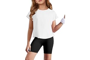 Haloumoning Girls Loose Athletic Shirts Short Sleeve Crop Tops Kids Quick Dry Gym Yoga Tees 5-14 Years