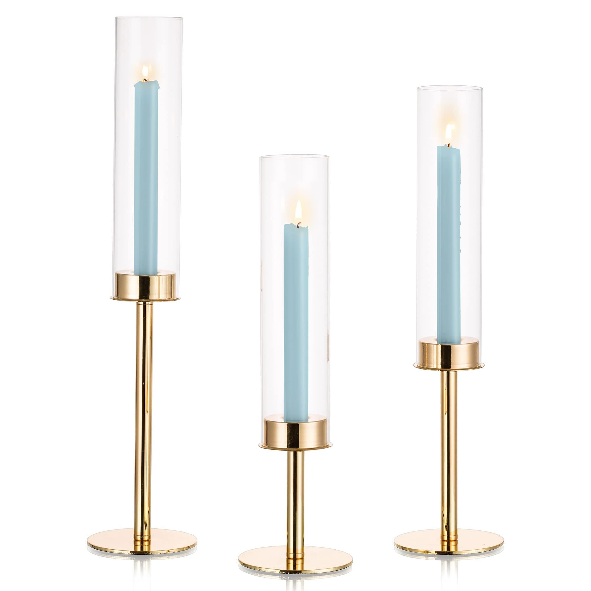Inweder Gold Metal Candle Holder - Set of 3, Classic Design for Weddings, Home Decor, Heat-resistant Glass, 18.7/47.5cm