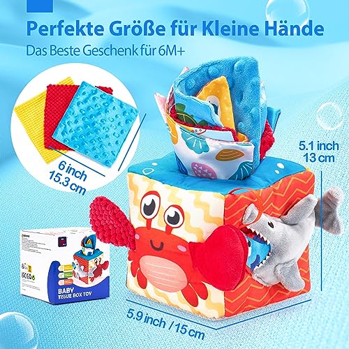 hahaland Baby Toy 6 12 Months Tissue Box, Montessori Toy Sensory Motor Skills Toy, Fabric Cloths Contrasting Colours Learning Sensory Toy for Boys Girls Gifts