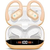 Qecnato Wireless Earbuds Bluetooth 5.4 Headphones, Stereo Deep Bass Over Ear Buds with Earhooks, Bluetooth Earbuds with 4 ENC Mic, IP7 Waterproof Earphone for Running Light Brown
