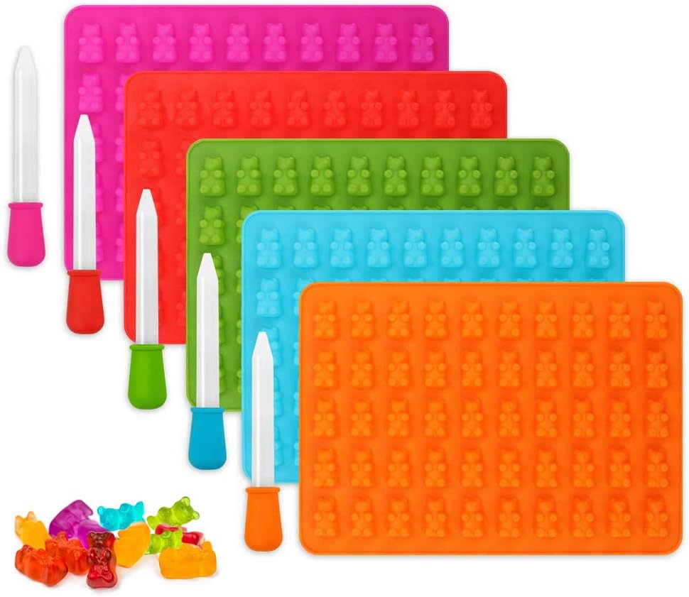 yidenguk Silicone Candy Moulds, 5 Pack Gummy Bear Mold Ice Cube Trays, Gumdrop Jelly Molds with 5 Dropper for DIY Candy, Jelly, Cookie, Chocolate, Flavored Ice - 50 Cavities per Tray