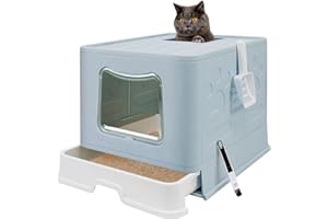 FOPHOP Foldable Cat Litter Box with Lid, Jumbo Enclosed Cat Potty, Top Entry Anti-Splashing Cat Toilet, Easy to Clean Including Cat Litter Scoop and 2-1 Cleaning Brush (Blue) Extra Large