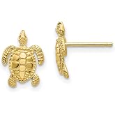 10k Yellow Gold Sea Turtle Stud Earrings, Ocean Life Design | 11 x 8 mm turtle studs, polished solid design, post and push back closure