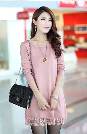 Amazon Co Jp シンプル ワンピース レディース ウール混合 ニット 裾 レース ローズピンク L スポーツ アウトドア