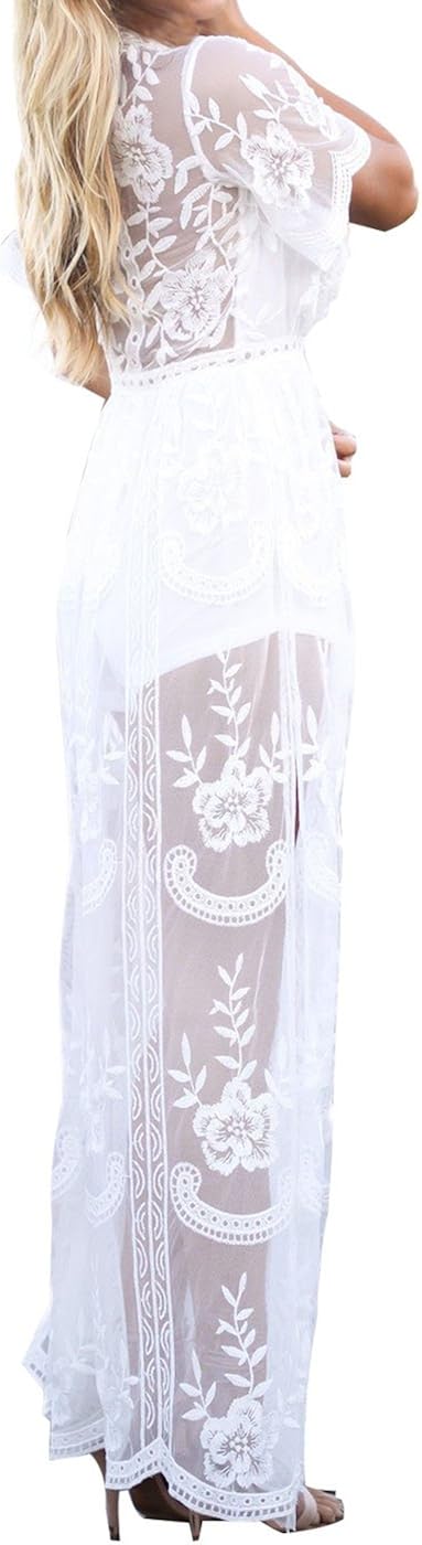 Eleter Women's Deep V-Neck Lace Romper Short Sleeve Long Dress at  Women’s Clothing store