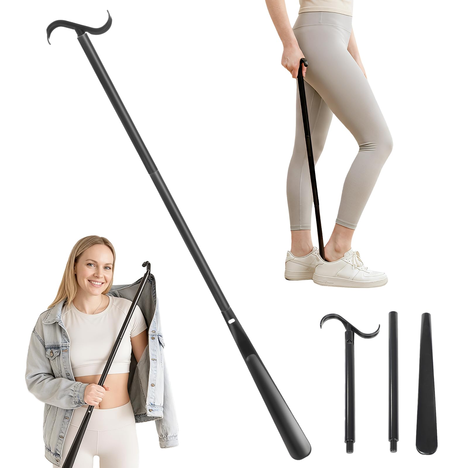 Fanwer 35.5" Long Dressing Stick, Shoe Horn Long Handle for Seniors, Sock Remover Tool, Adjustable, for Disabled, and Back Problems People