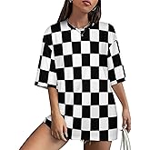 DSXSJQO Black White Race Checkered Flag Pattern Women's Half Sleeve T Shirts Crew Neck Tees Summer Casual Tops