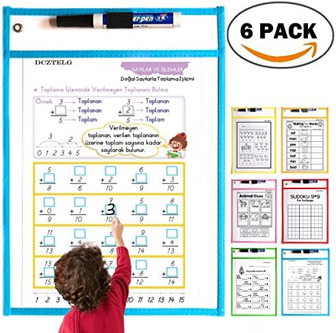 Dry Erase Pockets 6 Pack Sleeve For Kid Children Classroom Kindergaarten Organization &amp; Teaching Supplies With 6 Different Fun Math Sheets (6 -Pack)