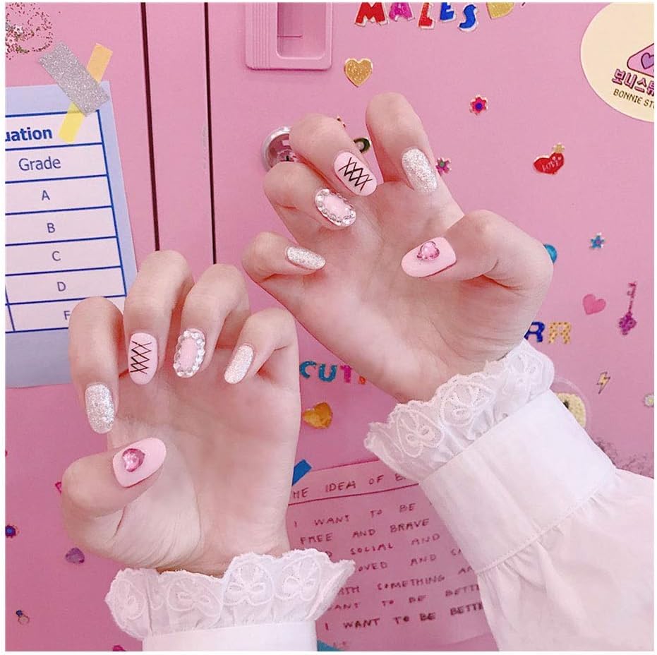 ERSD Round Nails Barbie Pink with Love Rhinestones and Ribbons Cute Glue Fake Nails Fashion Single Product Accessories (Color : 24 pieces)
