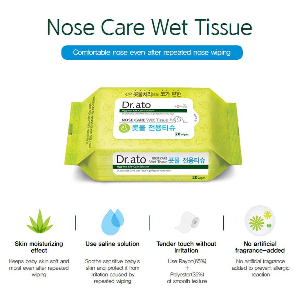 DR.ATO Nose Care Wet Tissue 20p 3 Pack (Total 60p) - Unscented Wet Wipes for Baby and Kids, Nose, Face, Hand Care with Natural Saline & Aloe Vera - Soothing and Moisturizing for Sensitive Skin