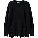 HANGJIA Black Red Striped Sweaters Men Oversized Ripped Hole Knit Pullover Autumn Winter Fashion Long Sleeve Clothing