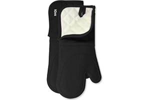 Klex Extra Long Silicone Oven Mitts, 932°F Degrees Heat Resistance with Quilted Cotton Liner Oven Gloves, 2 Piece Set, 15 inch, Black