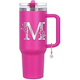 Tswofia Personalized 40 oz Monogrammed Tumbler with Handle & Flip Straw, 100% Leak Proof stainless steel Insulated Tumbler, Customized Initial Funny Gifts for Women Mom Sisters Coworker, M