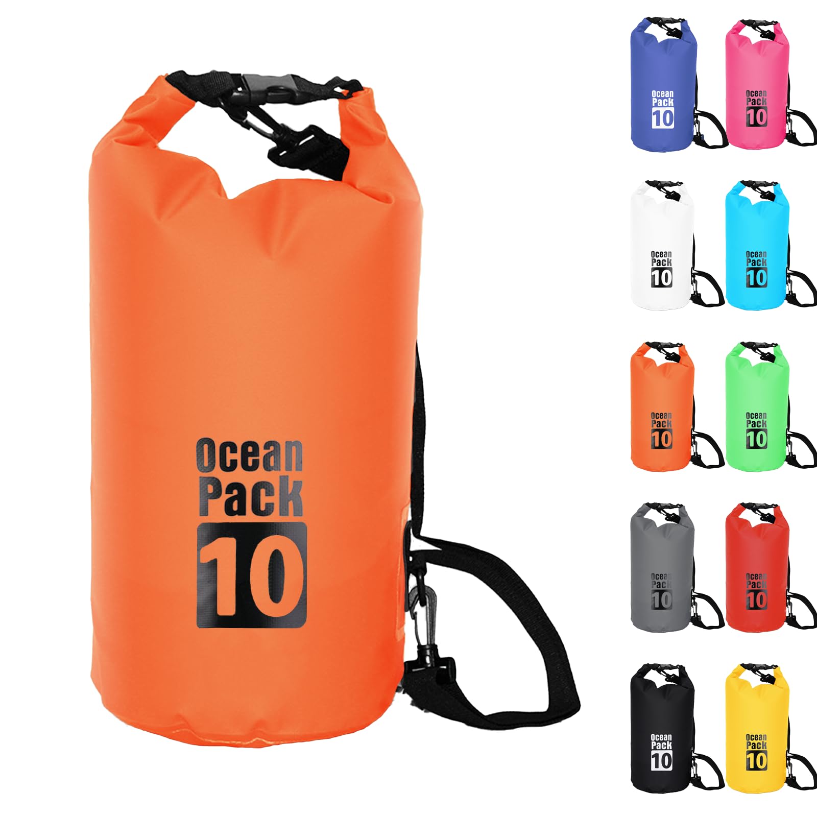 Dry Bag 10L, Boat Dry Bags Orange Waterproof Bag Dry Sack Roll Top Long Adjustable Shoulder Strap 2L/5L/10L/20L/30L/40L for Drifting Boating Kayaking Fishing Rafting Swimming Camping Canoeing Surfing
