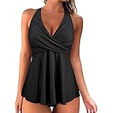 Hilor Women's Underwire Tankini Top Swimsuits V Neck Crossover Swim Tops Flared Flowy Tankini Bathing Suits Tops