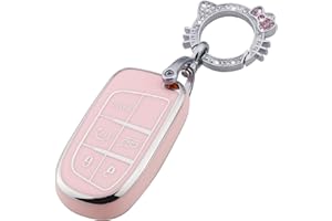Pangpai Pink Key Fob Cover for Jeep, Soft TPU Key Case Protection with Bling Keychain Fit for Jeep Grand Cherokee Renegade Wrangler Patriot Grand Commander