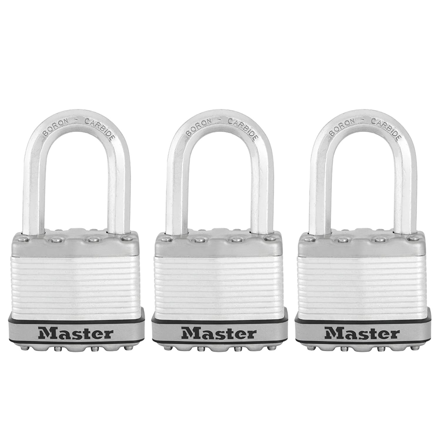 MASTER LOCK Pack of 3, Heavy Duty Padlocks, Security Level 9/10, Outdoor, Keyed, Laminated Steel, Weatherproof, Medium Shackle