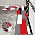 Black,White,Red and Grey Kitchen Rug Set 2 Piece Abstract Geometric Art Cushioned Abstract Modern Mats for Laundry (Geometric Art, 17.5"x29.5"+17.5"x47")