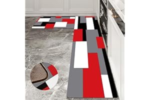 AILUER Black,White,Red and Grey Kitchen Rug Set 2 Piece Abstract Geometric Art Cushioned Abstract Modern Mats for Laundry (Geometric Art, 17.5"x29.5"+17.5"x47")