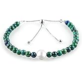 CRYSTALIS Natural Malachite Azurite Beads Slider Bracelet with Elegant Pearl, High Grade Beaded Crystals, Chakra Healing Gemstone, Gift Giving Women Jewelry, 925 Sterling Silver Slider 10 inch