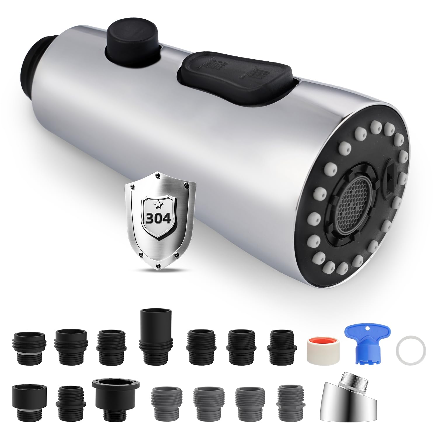 Photo 1 of iFealClear Universal Metal Kitchen Faucet Head Replacement with 15 Adapters, 3-Mode Stainless Steel Pull Down Sink Faucet Sprayer Head Nozzle, Compatible with Moen, Delta, Pfister Faucets, Chrome