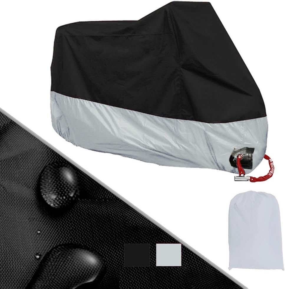 GKSELLING All Season Black Waterproof Sun Motorcycle Cover,Fits up to 108" Motors (Black+Silver, XL)